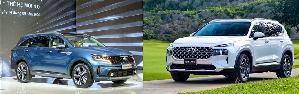 Hyundai Santa Fe 2021 và Kia Sorento 2021 đang cạnh tranh mạnh mẽ trong những mẫu SUV dành cho gia đình. Đồ họa: M.H