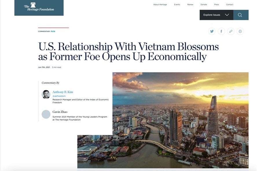 Bài viết về quan hệ Việt - Mỹ trên trang The Heritage Foundation. Ảnh chụp màn hình