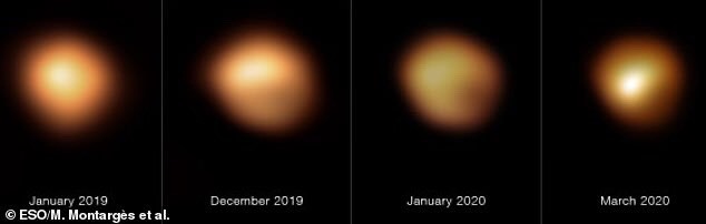 Nhóm đã chụp được hai hình ảnh chưa từng thấy về bề mặt của Betelgeuse vào tháng 1 và tháng 3 năm 2020, sau đó được so sánh với những hình ảnh được chụp vào tháng 1 và tháng 12 năm 2019.  Ảnh: ESO