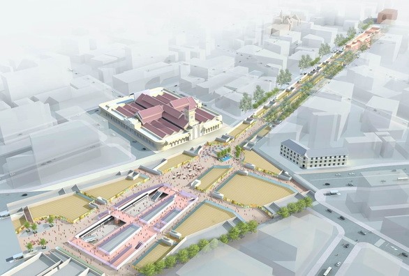 Mô hình nhà ga trung tâm Bến Thành và đường Lê Lợi sau khi hoàn thành xây dựng, tái lập cảnh quan.  Ảnh: MAUR