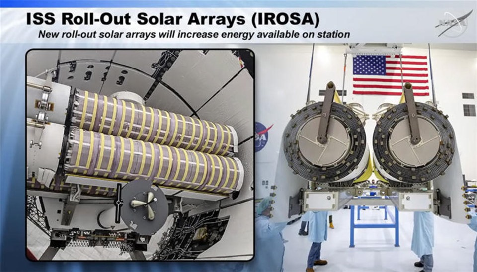 Các tấm năng lượng mặt trời iROSA được tàu chở hàng SpaceX Dragon đưa lên Trạm Vũ trụ Quốc tế (ISS). Ảnh: NASA