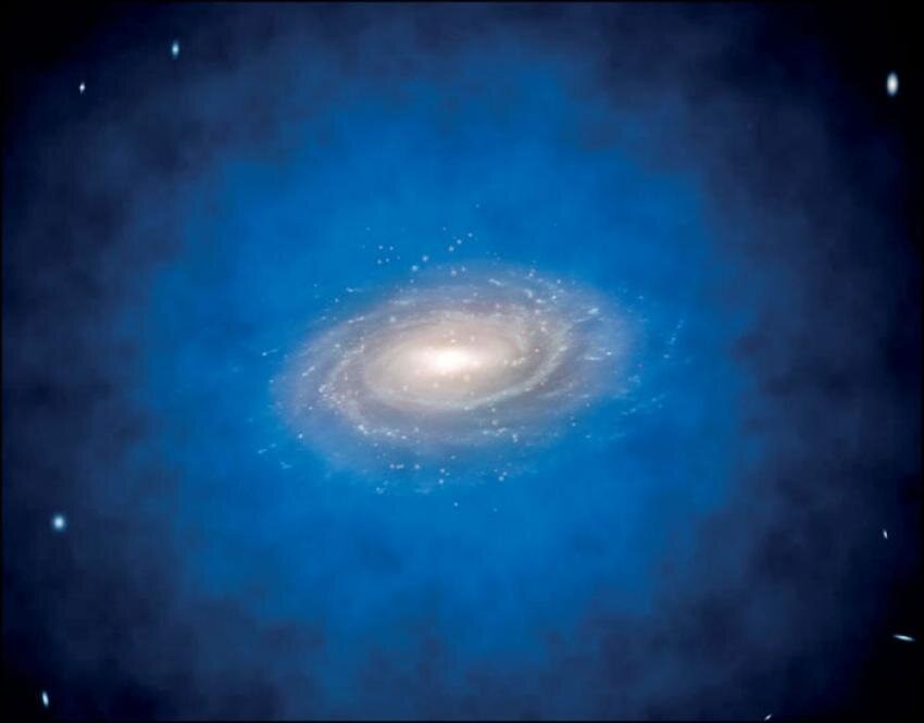 Một thiên hà xoắn ốc nằm trong vùng phân bố vật chất tối, được gọi là quầng vật chất tối (màu xanh lam). Ảnh: ESO