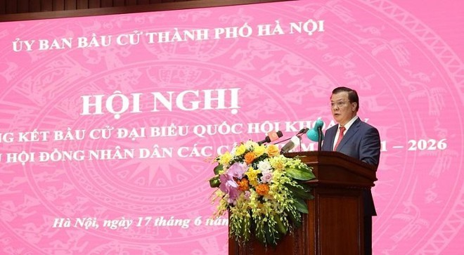 Bí thư Thành ủy Hà Nội Đinh Tiến Dũng phát biểu tại Hội nghị. Ảnh HN