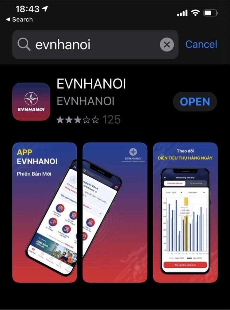 Giao diện App EVNHANOI trên kho ứng dụng. Ảnh EVNHANOI cung cấp.