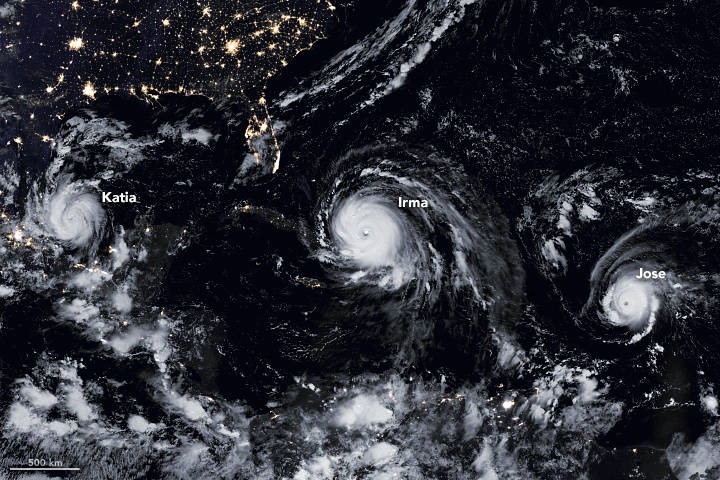 Ba cơn bão Katia, Irma và Jose năm 2017. Ảnh: NASA