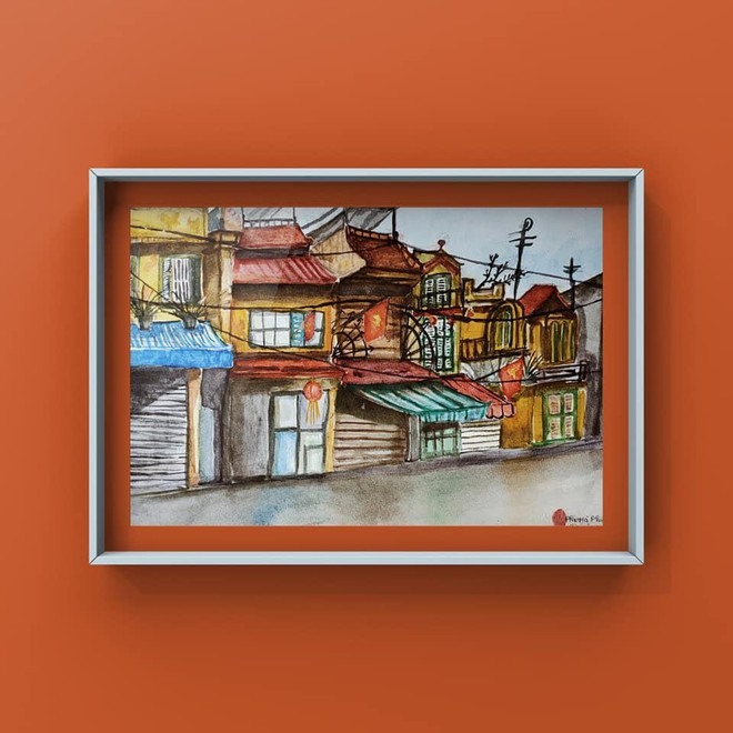 Phố Hàng Đào những ngày ở nhà phòng COVID-19 của Phạm Hà Phương (Bông). Ảnh: Urban Sketchers Hà Nội