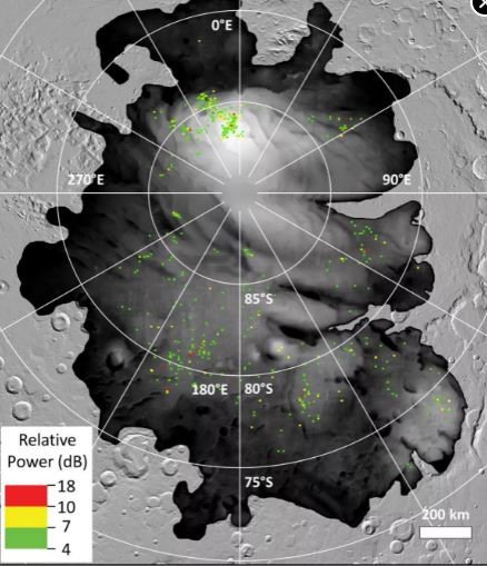 Cực nam của sao Hỏa. Những chấm màu sắc là phản xạ radar sáng. Ảnh: ESA/NASA