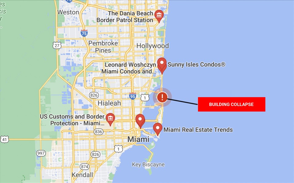 Đây không phải là lần đầu tiên một tòa nhà cao tầng trên đại lộ Collins sụp đổ. Năm 2018, một tòa nhà 13 tầng tại địa chỉ số 5775 trên đại lộ này bất ngờ sụp xuống trong quá trình chờ phá dỡ, khiến một người trọng thương. Trong hình là khu vực xảy ra vụ sập tòa nhà cao tầng gần Miami Beach, Florida, Mỹ, hôm nay. Ảnh: Google Maps.