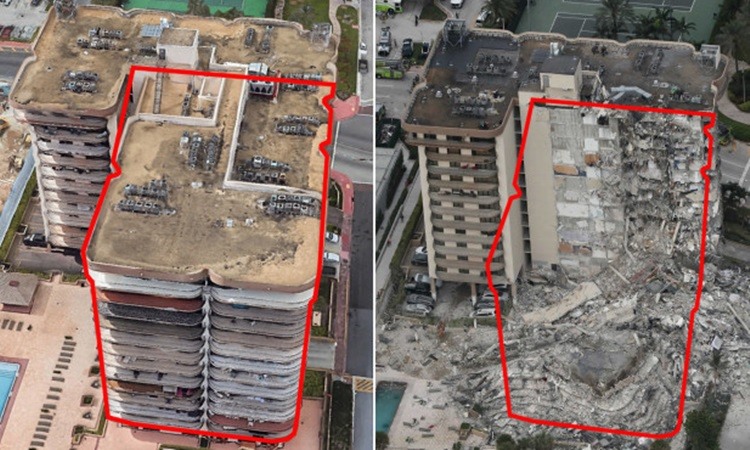 Hình ảnh trước (trái) và sau khi một phần của chung cư 12 tầng Champlain Towers tại bang Florida, Mỹ bị sập hôm 24.6.