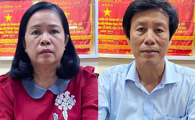 Giám đốc Sở Y tế Cần Thơ Cao Minh Chu và nguyên Giám đốc Sở Y tế Bùi Thị Lệ Phi  (trái) trong vụ án “vi phạm quy định về đấu thầu xảy ra tại Sở Y tế Cần Thơ“. ảnh BCA