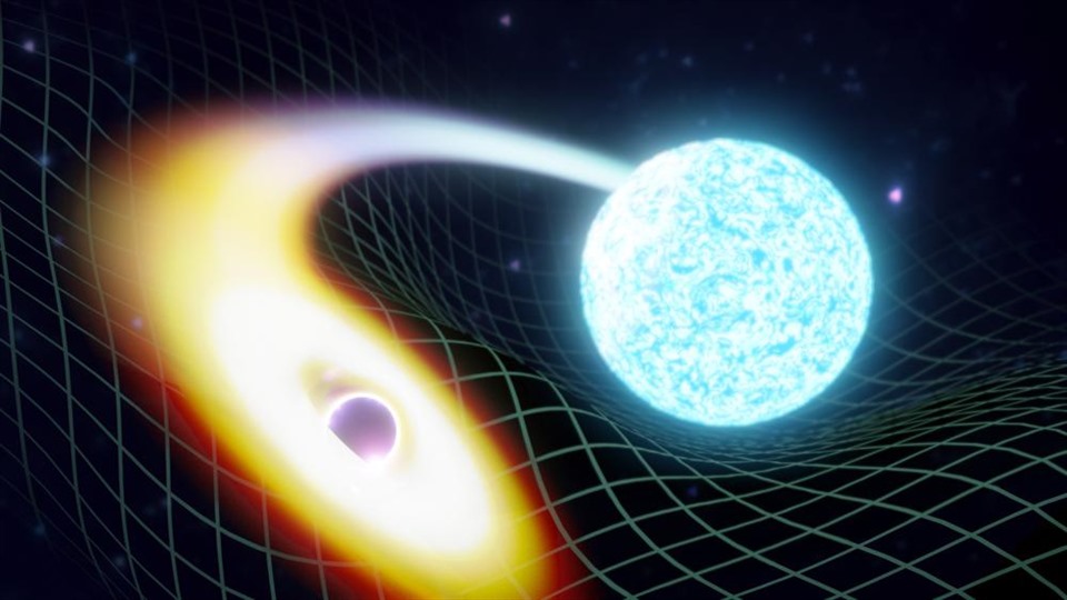 Hình minh họa mô tả sự cong vênh của thời gian và không gian khi một hố đen (trái) nuốt chửng một sao neutron. Ảnh: LIGO India