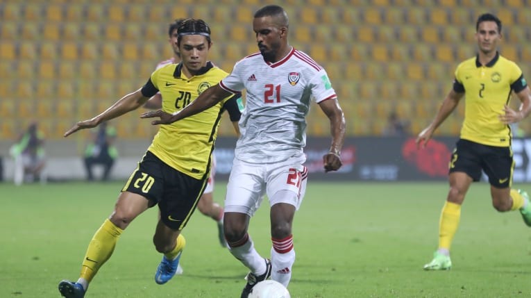 Tuyển Malaysia nhận trận thua đậm 0-4 trước UAE tối 3.6. Ảnh: AFC.