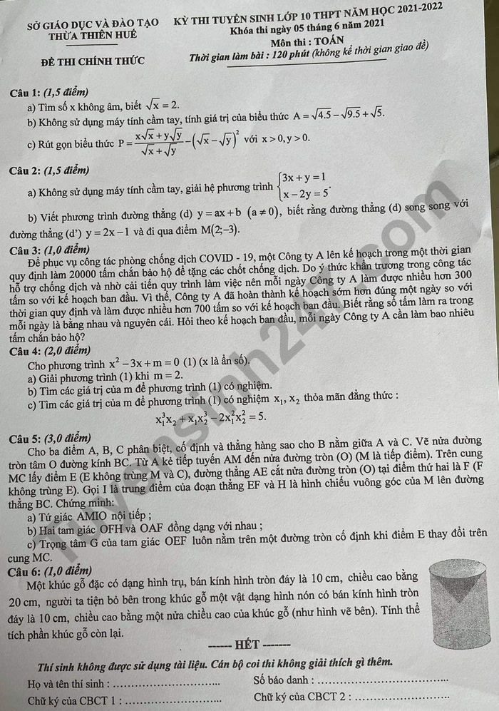 Đề thi môn Toán vào lớp 10 tỉnh Thừa Thiên Huế năm học 2021-2022