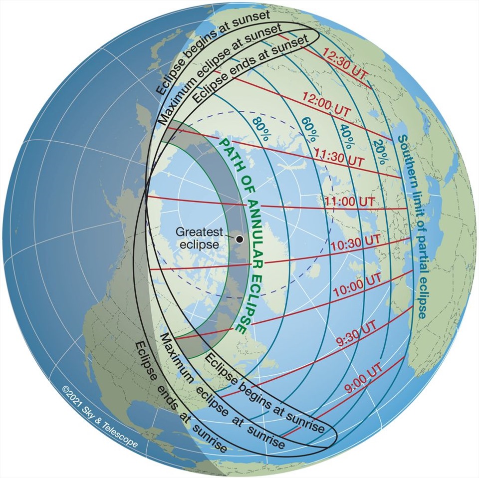 Đường đi của nhật thực hình khuyên vào ngày 10.6.2021 trải dài từ nam Ontario, qua Vịnh Hudson, đến Greenland, qua Bắc Cực và kết thúc ở đông bắc nước Nga. Nhật thực lớn nhất xảy ra ngay ngoài khơi Greenland, nơi nhật thực hình khuyên cực đại sẽ kéo dài 3 phút 51 giây. Ảnh: Sky & Telescope