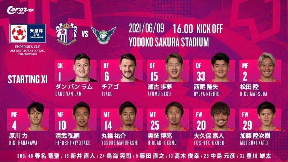 Thủ môn Đặng Văn Lâm ra sân trong đội hình xuất phát của Cerezo Osaka. Ảnh: Cerezo Osaka