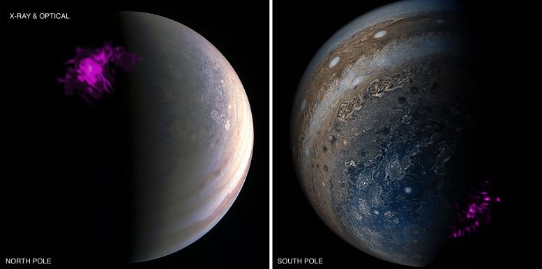 Hai cực của sao Mộc từ vệ tinh Juno của NASA và kính viễn vọng tia X Chandra của NASA.Ảnh: NASA Chandra