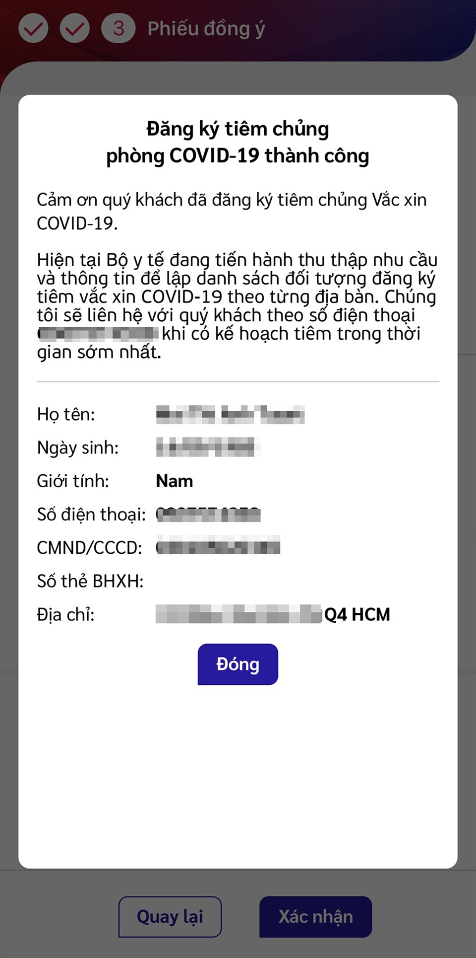 Xác nhận Đăng ký tiêm chủng phòng COVID-19 thành công.