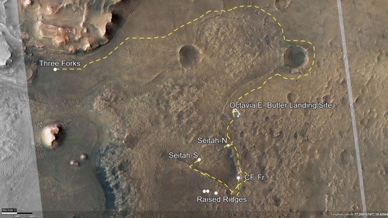 Hình ảnh của miệng núi lửa Jezero mô tả các tuyến đường cho chiến dịch khoa học đầu tiên của Perseverance (đường màu vàng) và tuyến thứ hai (màu vàng nhạt). Ảnh: NASA/JPL