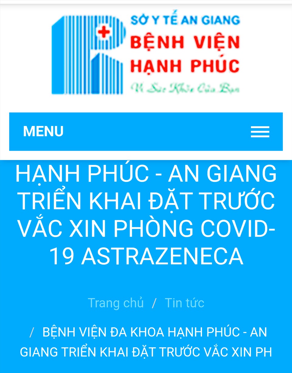 Thông tin công khai dịch vụ tiêm vaccine COVID trên website của Bệnh viện Hạnh Phúc- An Giang. Ảnh: LT