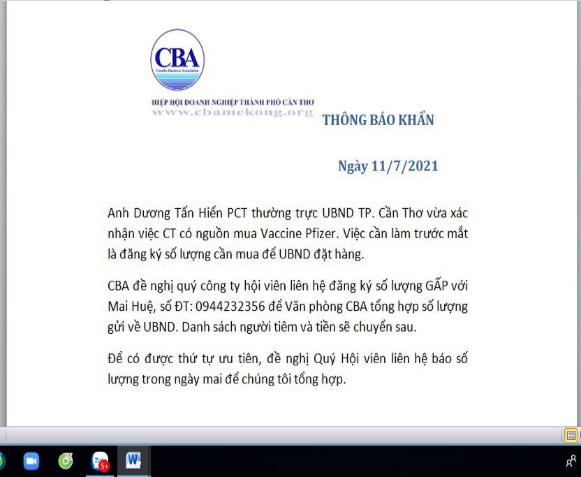 Thông báo tiêm vaccine dịch vụ được chụp lại từ màn hình webside của Hiệp hội Doanh nghiệp (CBA) TP. Cần Thơ.