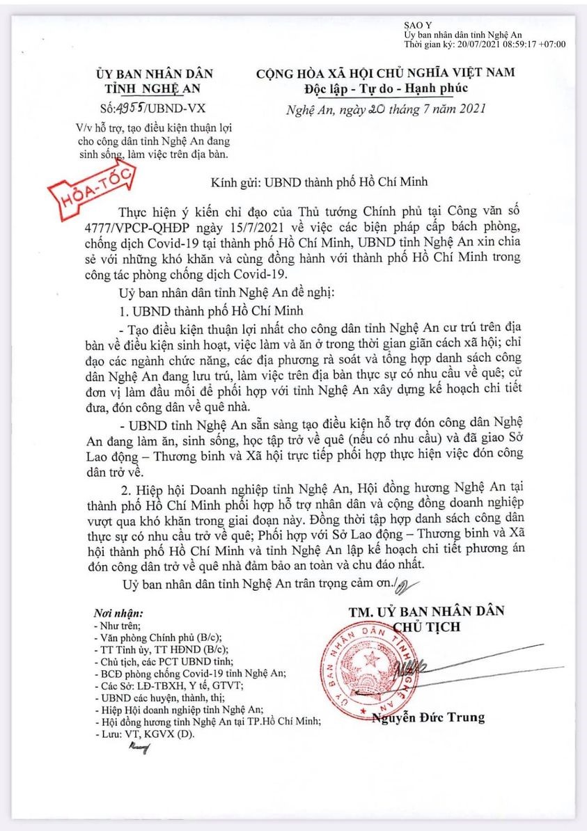 Công văn hỏa tốc của tỉnh Nghệ An khẳng định sẵn sàng đón công dân trở về từ TP HCM nếu thực sự có nhu cầu. Ảnh: QĐ