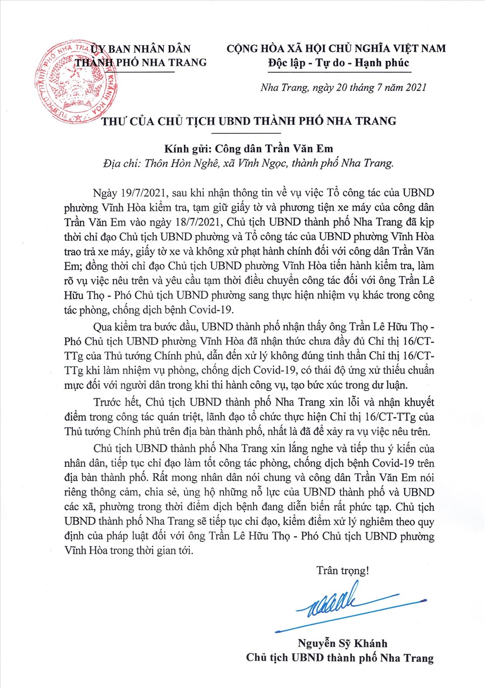 Thư xin lỗi của Chủ tịch UBND TP. Nha Trang gửi anh Trần Văn Em.