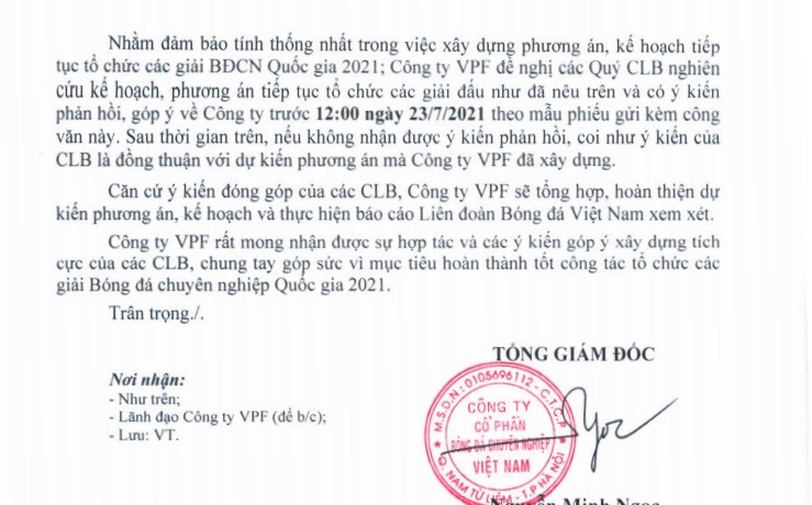 Công văn của VPF gửi các đội V.League, hạng Nhất hôm 19.7 yêu cầu họ có ý kiến về phương án mà VPF đưa ra. Ảnh: Chụp màn hình.