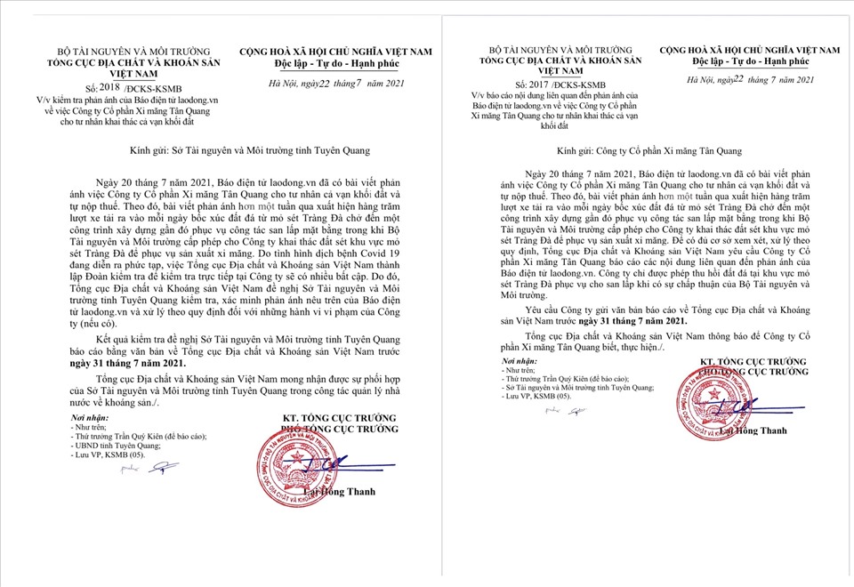 Sau khi Báo Lao Động đăng tải thông tin vụ việc, Tổng cục Địa chất & Khoáng sản Việt Nam đã có văn bản đề nghị kiểm tra, làm rõ và gửi báo cáo về Tổng cục.