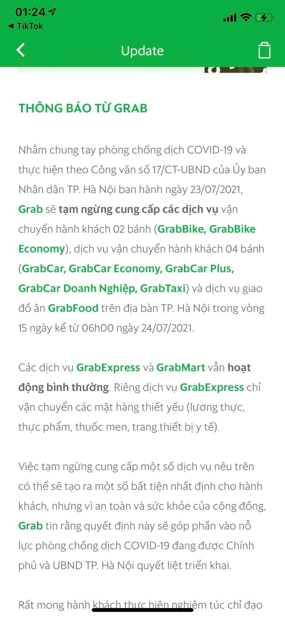 Ứng dụng Grab thông báo về việc dừng chở khách và đồ ăn tại Hà Nội.