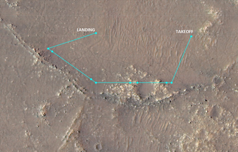 Bản đồ đường bay của trực thăng sao Hỏa trong chuyến bay thứ 10 với vị trí hạ cánh tại sân bay thứ 7 trên hành tinh đỏ. Ảnh: NASA