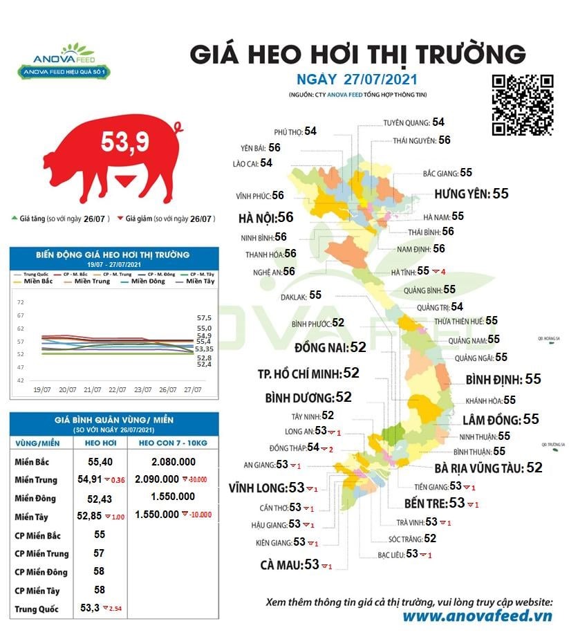 Cách đây 1 ngày, giá lợn hơi cả nước đã giảm xuống mức bình quân 53.900 đồng/kg. Nguồn: Anova Feed.