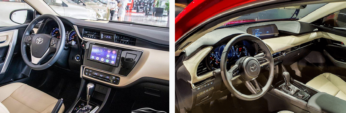 Nội thất của Mazda 3 và Corolla Altis đều có những điểm nhấn đặc biệt. Đồ họa: M.H