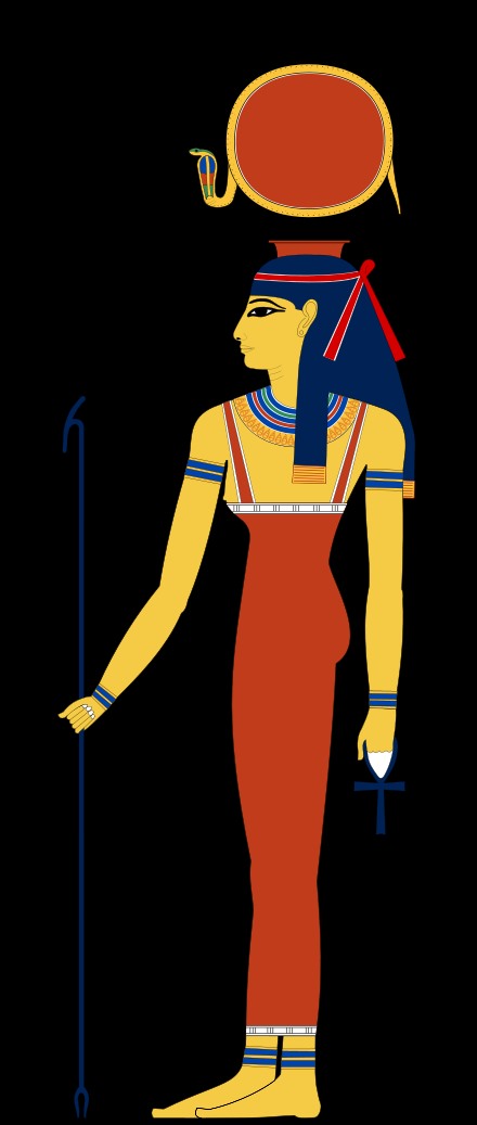Nữ thần Hathor đội cặp sừng bò và đĩa mặt trời, tay cầm biểu tượng bút tháp và vương trượng. Ảnh: Wiki