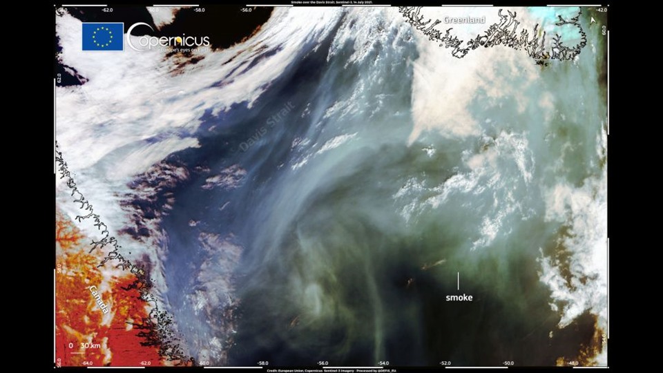 Vệ tinh Copernicus Sentinel-3 chụp hình ảnh khói từ các đám cháy rừng ở Bắc Mỹ vào ngày 14.7. Ảnh: Copernicus
