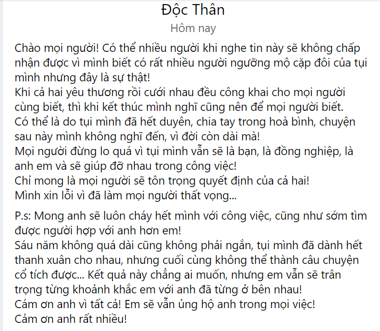 Dòng trạng thái được Lương Minh Trang chia sẻ trên trang Facebook cá nhân. Ảnh chụp màn hình