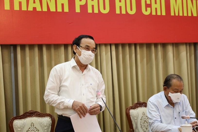 Bí thư Thành uỷ Nguyễn Văn Nên phát biểu tại cuộc họp. Ảnh: Huyền Mai