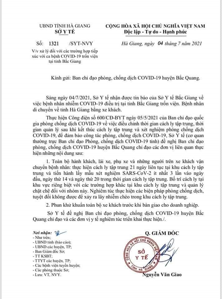 Công văn của Sở Y tế tỉnh Hà Giang yêu cầu cách ly toàn bộ  những người cùng chuyến xe với bệnh nhân F0 bỏ trốn.