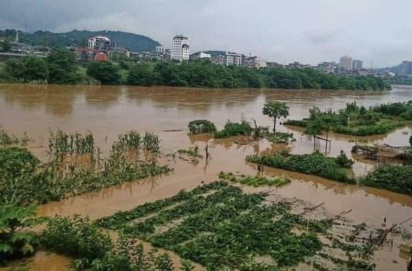 Trận mưa khiến mực nước sông Hồng lên cao.