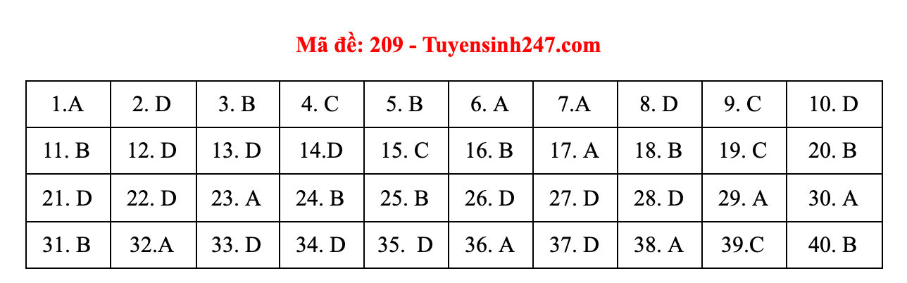 Đáp án đề thi môn Vật lí mã đề 209 đang tiếp tục được cập nhật bởi Tuyensinh247.com