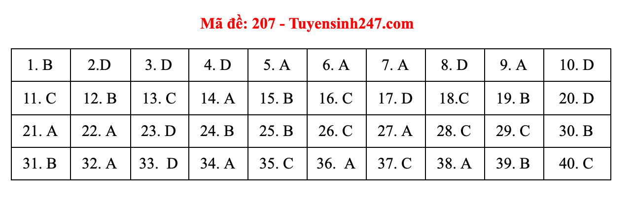 Đáp án đề thi môn Vật lí mã đề 207 đang tiếp tục được cập nhật bởi Tuyensinh247.com