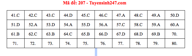 Đáp án đề thi môn Hoá mã đề 207 kỳ thi tốt nghiệp THPT 2021. Ảnh: CMH.