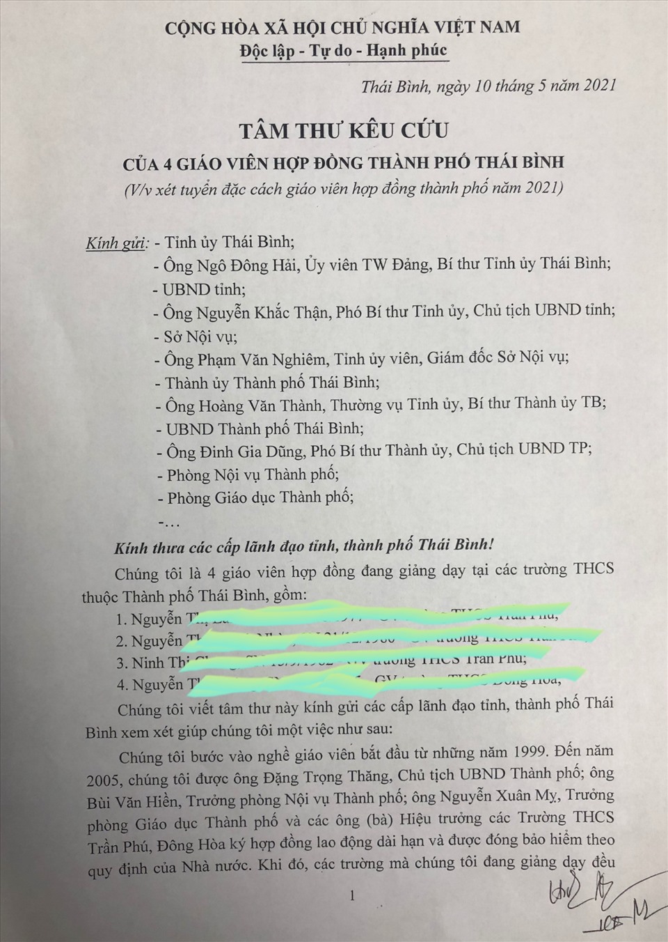 Tâm thư kêu cứu của các cô giáo gửi các cơ quan chức năng tại tỉnh Thái Bình. Ảnh: NVCC.