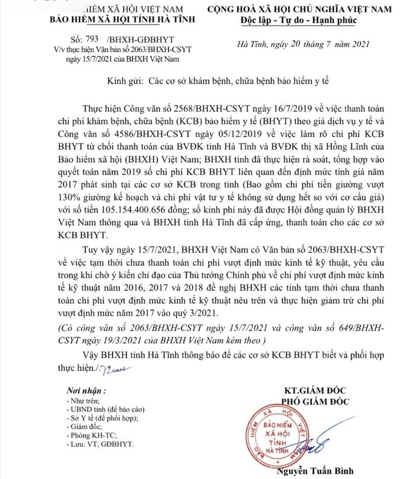 Văn bản thông báo về việc giảm trừ tiền tạm ứng BHYT quý 3.2021 của BHXH tỉnh Hà Tĩnh. Ảnh: TT.
