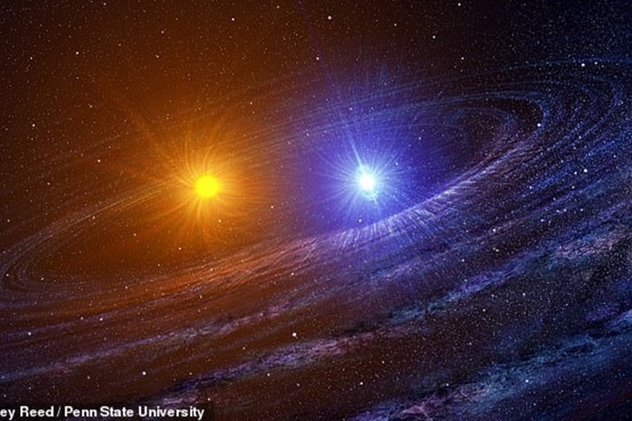 Mô phỏng hệ sao đôi RS Ophiuchi ngay sau khi sao lùn trắng (phải) bùng nổ như một tân tinh. Ảnh: Casey Reed/Penn State University
