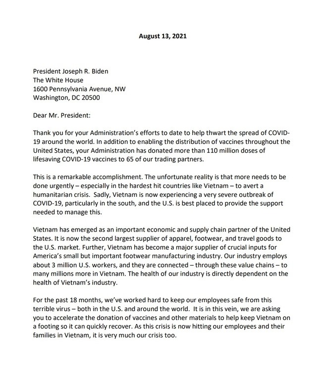 Một phần lá thư các doanh nghiệp dệt may Mỹ gửi tới Tổng thống Joe Biden. Ảnh: VITAS.