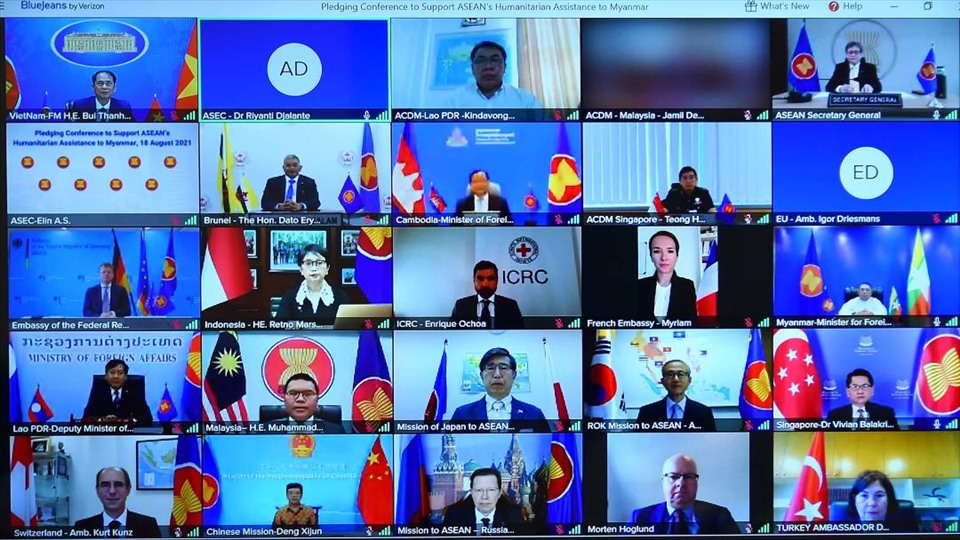 Hội nghị trực tuyến huy động hỗ trợ nhân đạo của ASEAN cho Myanmar. Ảnh: BNG