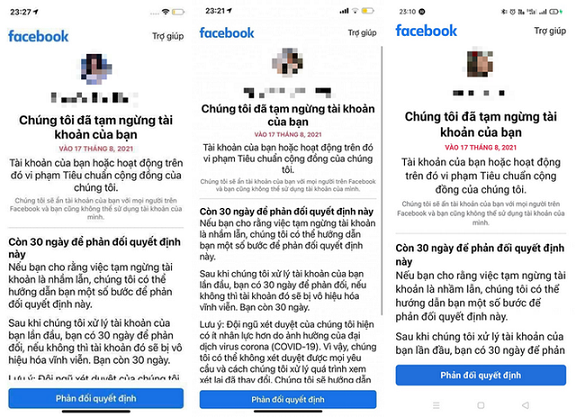 Hàng loạt nick Facebook của người dùng Việt “bay màu” sau một đêm. Ảnh: Chụp màn hình.