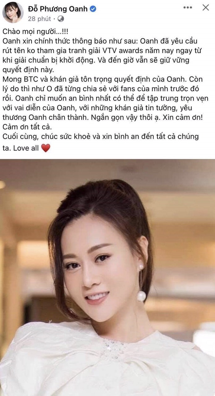 Nữ diễn viên Phương Oanh bất ngờ tuyên bố không tranh giải ở VTV Awards. Ảnh: CMH