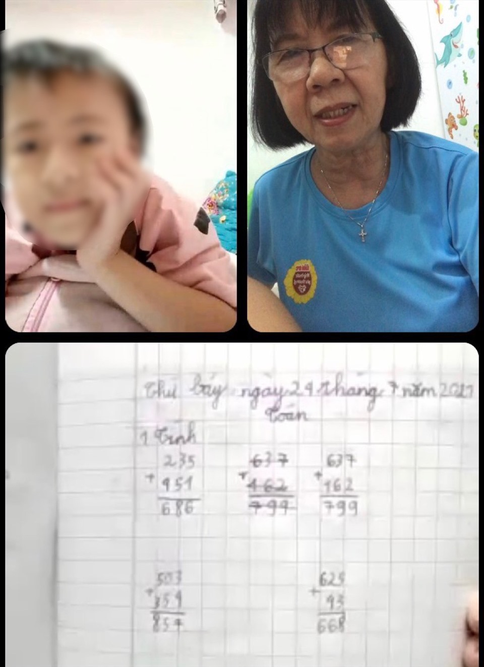 Lớp học chữ online đặc biệt của cô Phấn và bệnh nhi ung thư. Ảnh: NVCC.