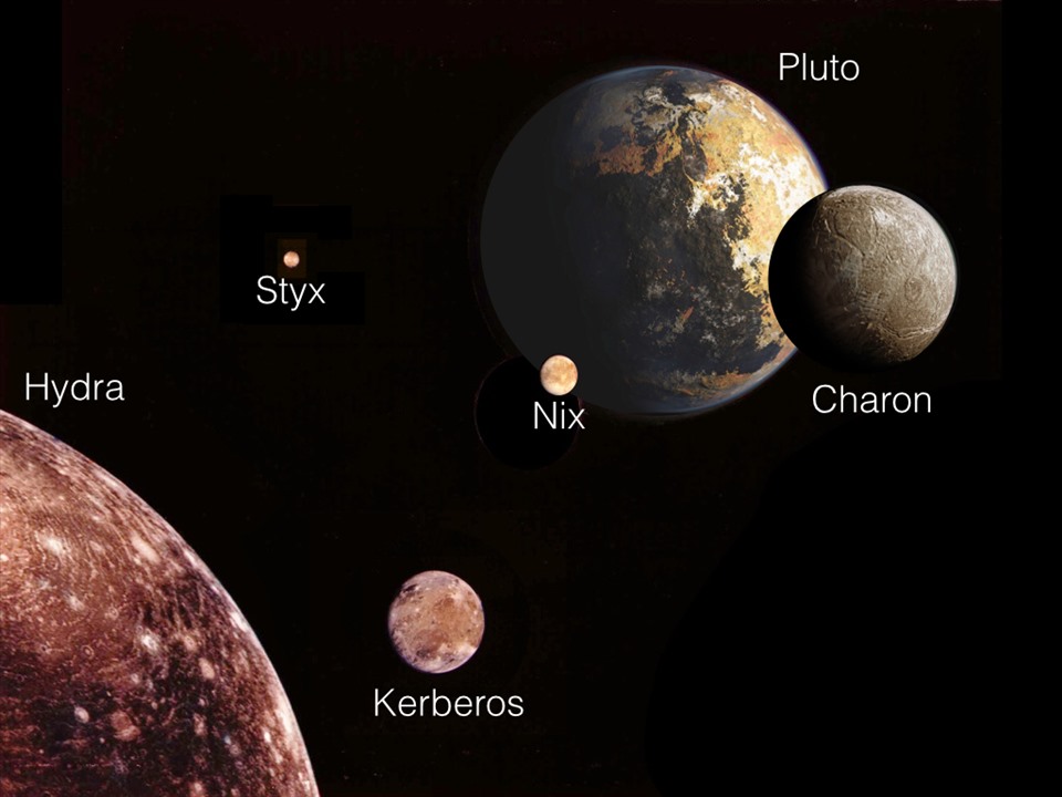 Sao Diêm Vương (Pluto) và 5 mặt trăng xung quanh. Ảnh: NASA
